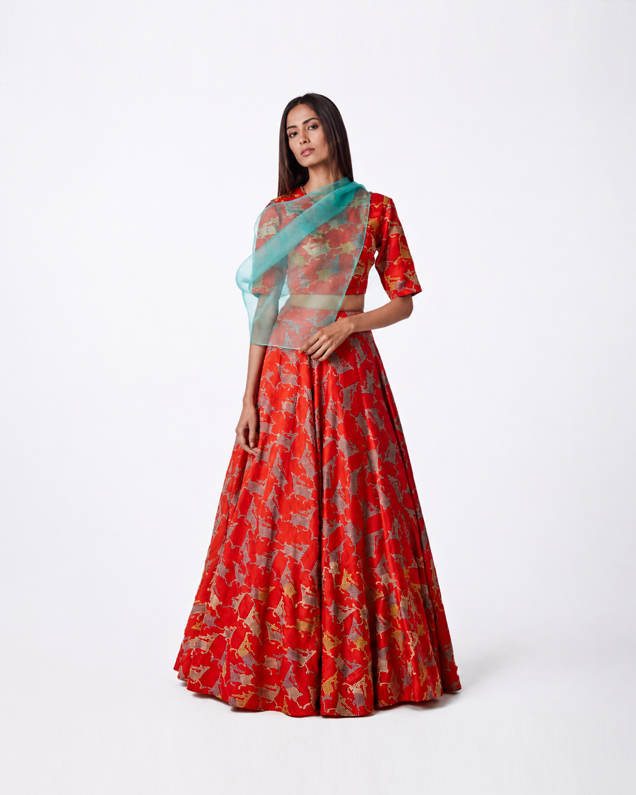 Bundi Printed Embrodiered Deer Zaal Lehenga Set