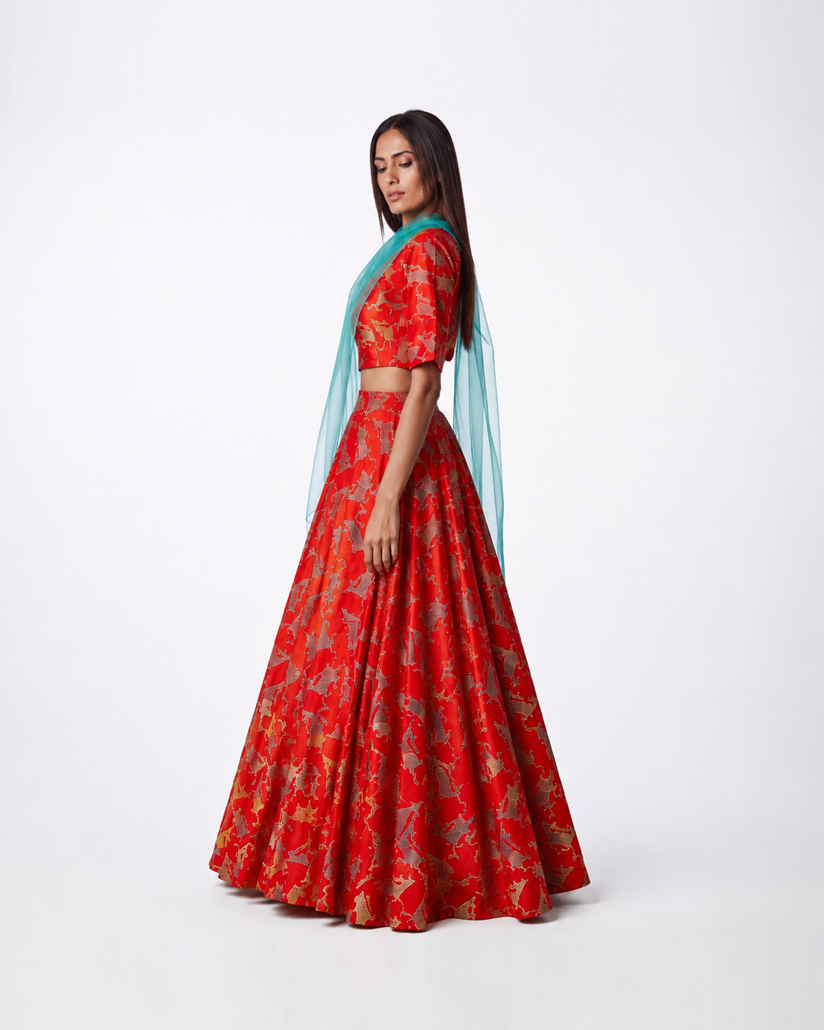 Bundi Printed Embrodiered Deer Zaal Lehenga Set