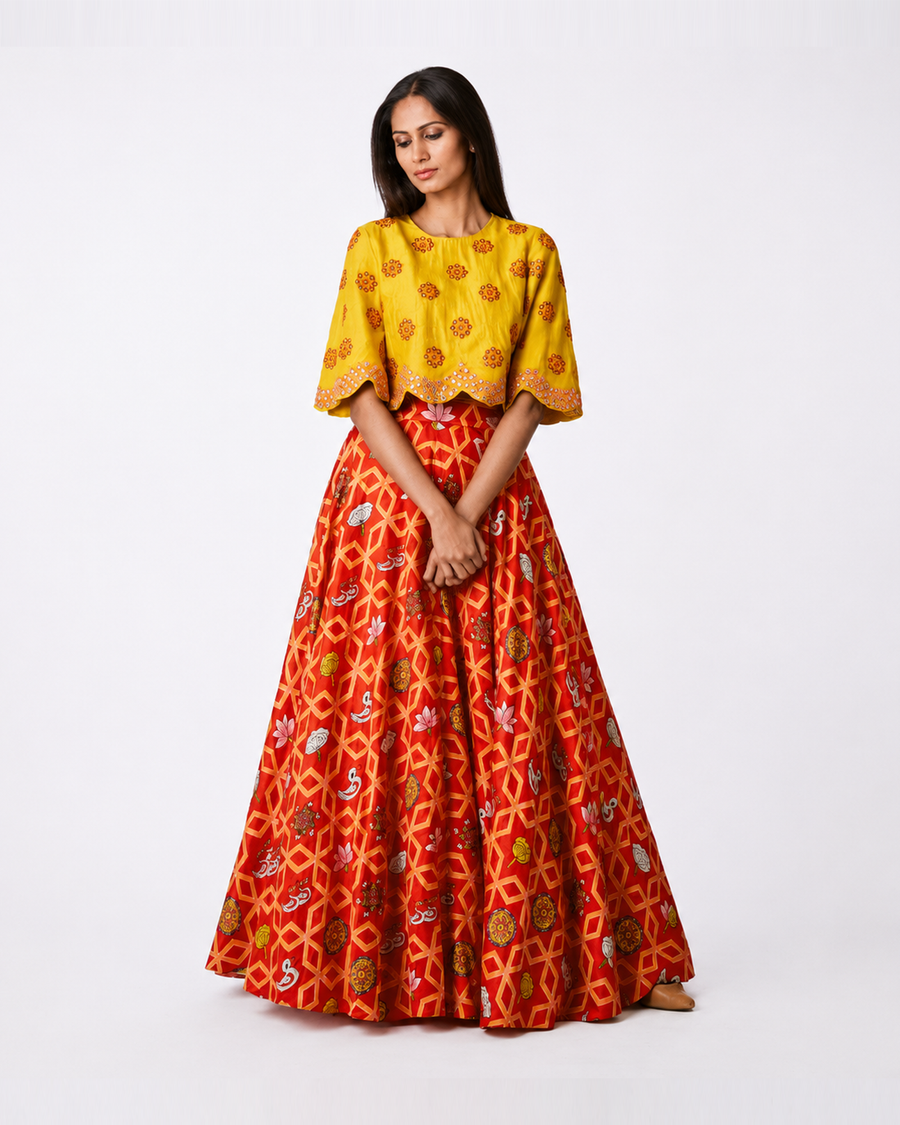 Bundi Printed Embrodiered Red Zaal Lehenga Set
