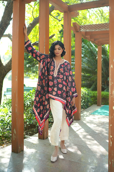 Printed Embroidered Chintz Charcoal Cape