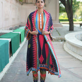 Navy Blue Pink printed Kilim Kurta Set