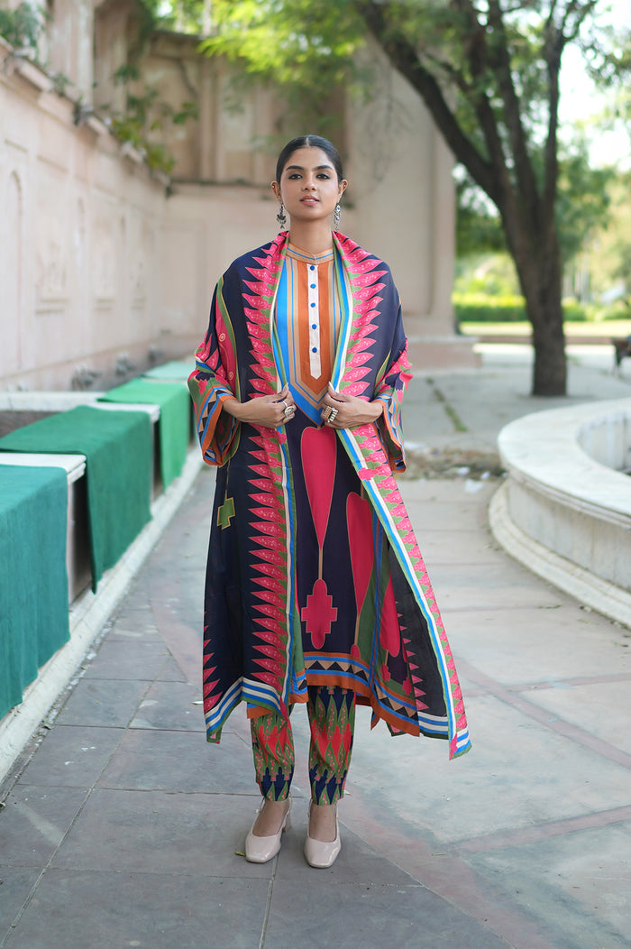 Navy Blue/ Pink Kilim Kurta Set