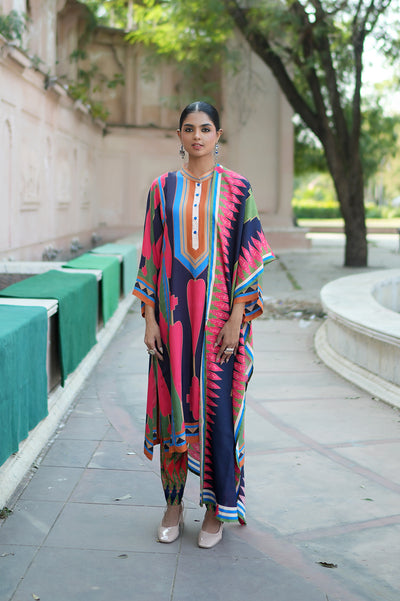 Navy Blue Pink printed Kilim Kurta Set