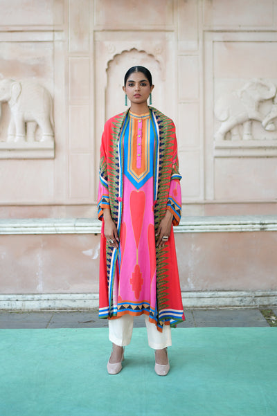 Red & Pink Printed Kilim Kurta Set