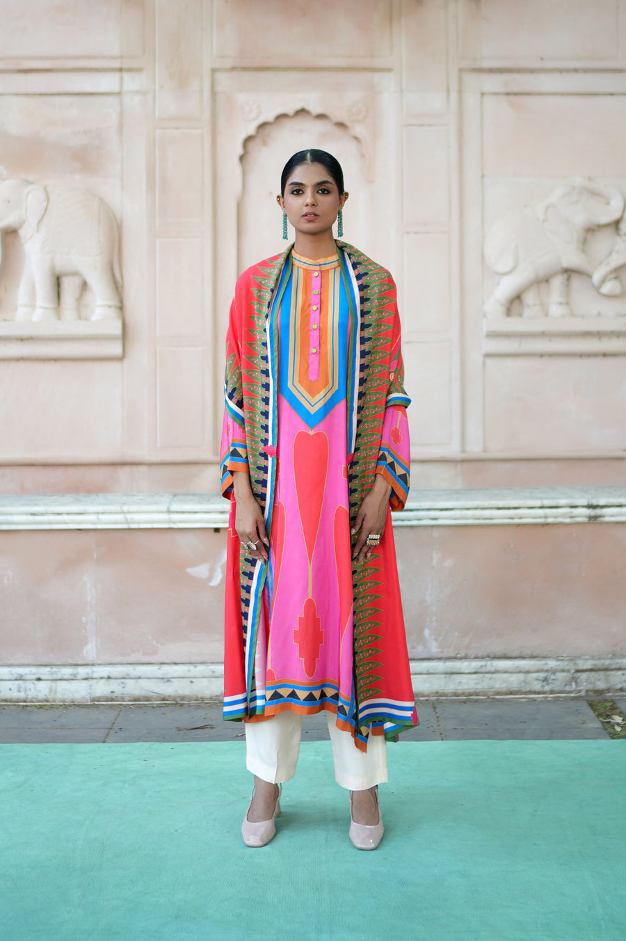 Red & Pink Printed Kilim Kurta Set