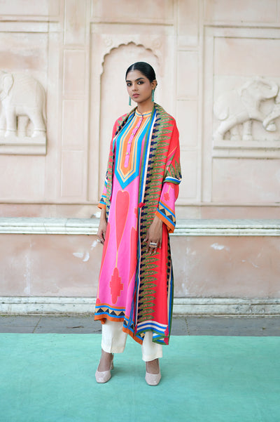 Red & Pink Printed Kilim Kurta Set