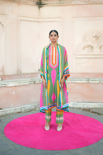 Green/Pink Printed Kilim Kurta Set