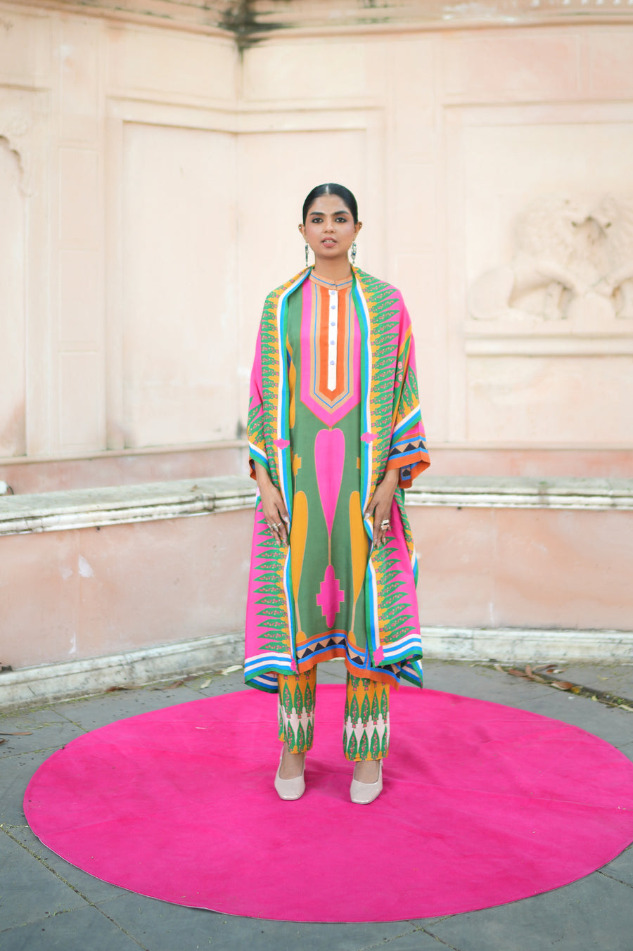 Green/Pink Printed Kilim Kurta Set