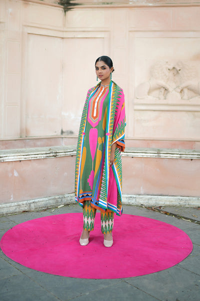 Green/Pink Printed Kilim Kurta Set