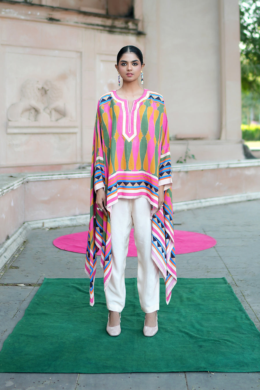 Lime Green & Pink Printed Kilim Cape Set