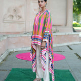 Lime Green & Pink Printed Kilim Cape Set