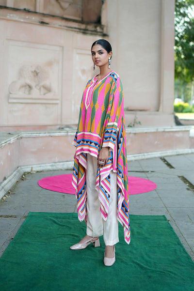 Lime Green & Pink Printed Kilim Cape Set