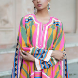 Lime Green & Pink Printed Kilim Cape Set