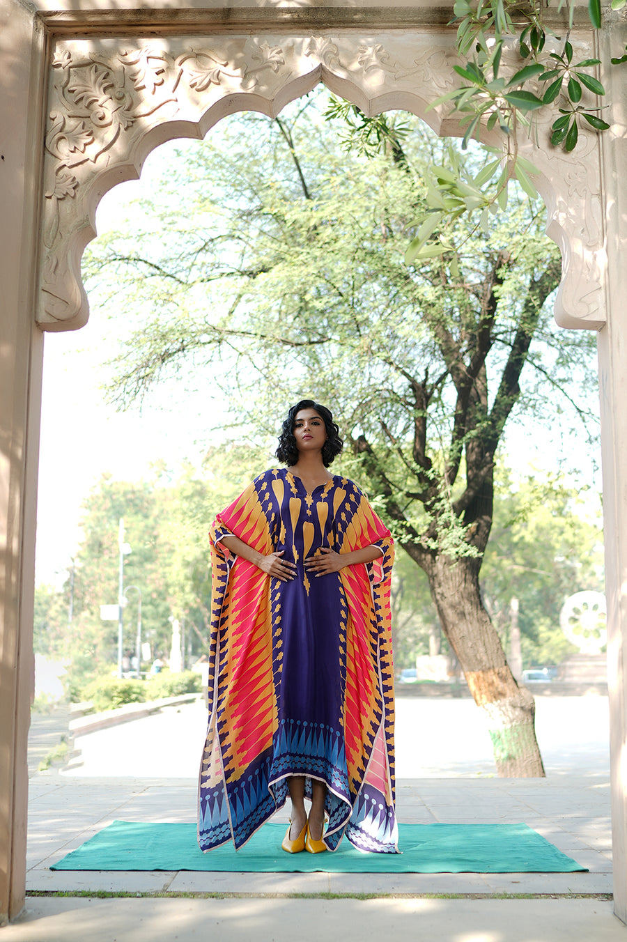 Navy blue/Yellow Printed Kilim Kaftan