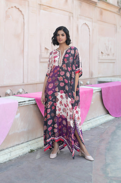 Printed Embroidered Color Blocked Chintz Kaftan