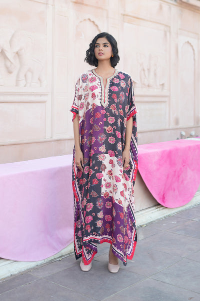 Printed Embroidered Color Blocked Chintz Kaftan