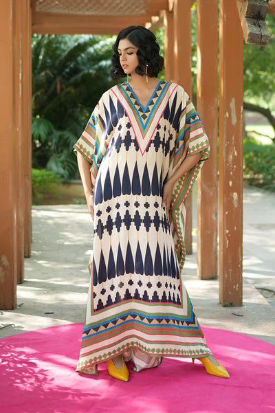Ivory/ Navy Blue Printed Kilim Kaftan