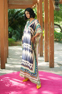 Ivory/ Navy Blue Kilim Mauj Kaftan