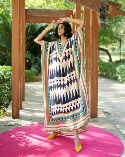 Ivory/ Navy Blue Printed Kilim Kaftan