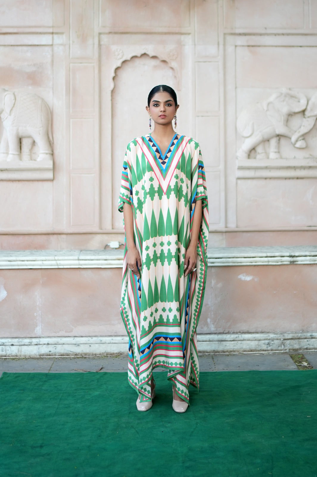 Ivory/ Green Kilim Mauj Kaftan