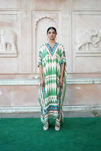 Ivory/ Green Kilim Mauj Kaftan