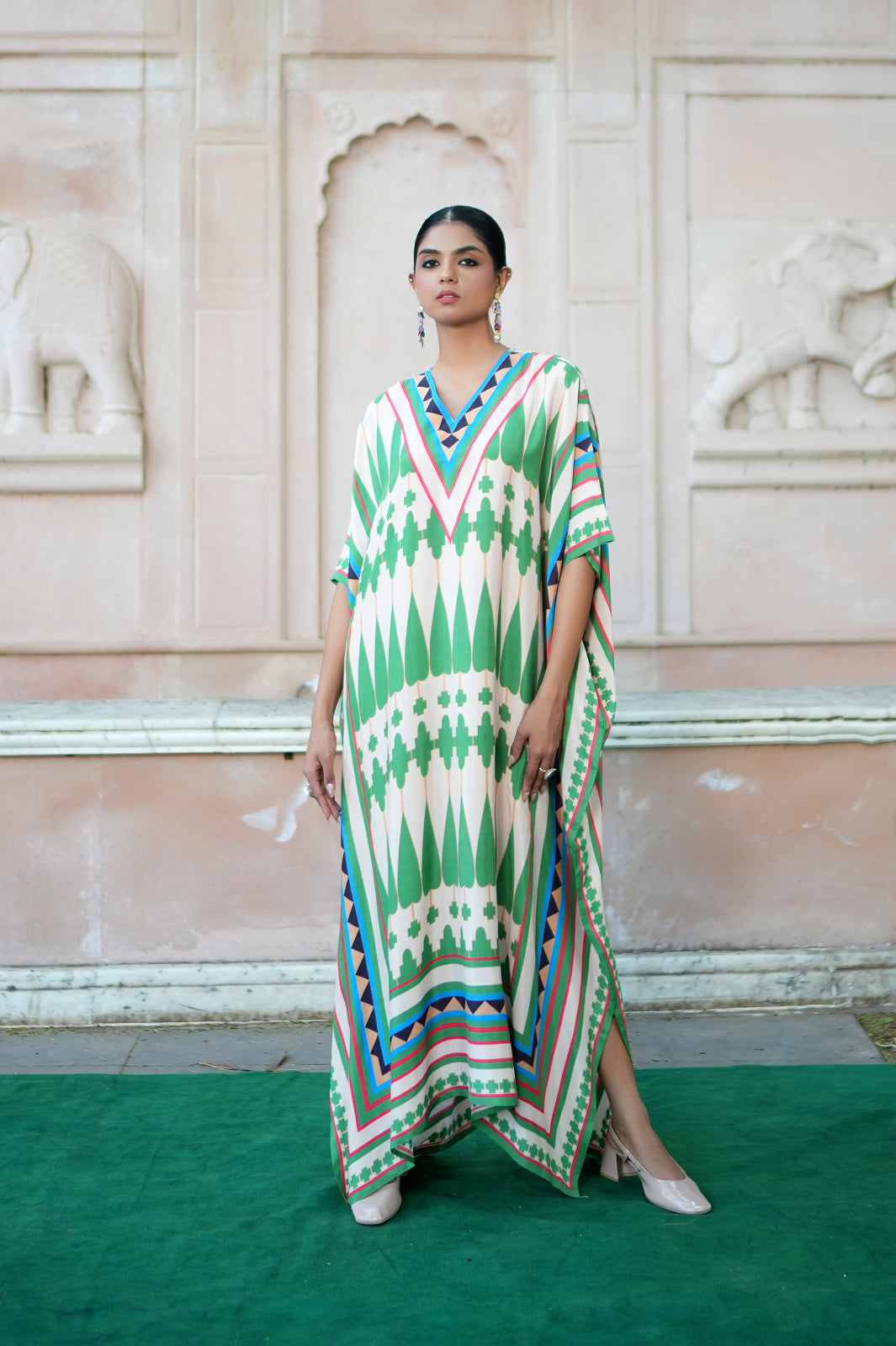 Ivory/ Green Kilim Mauj Kaftan