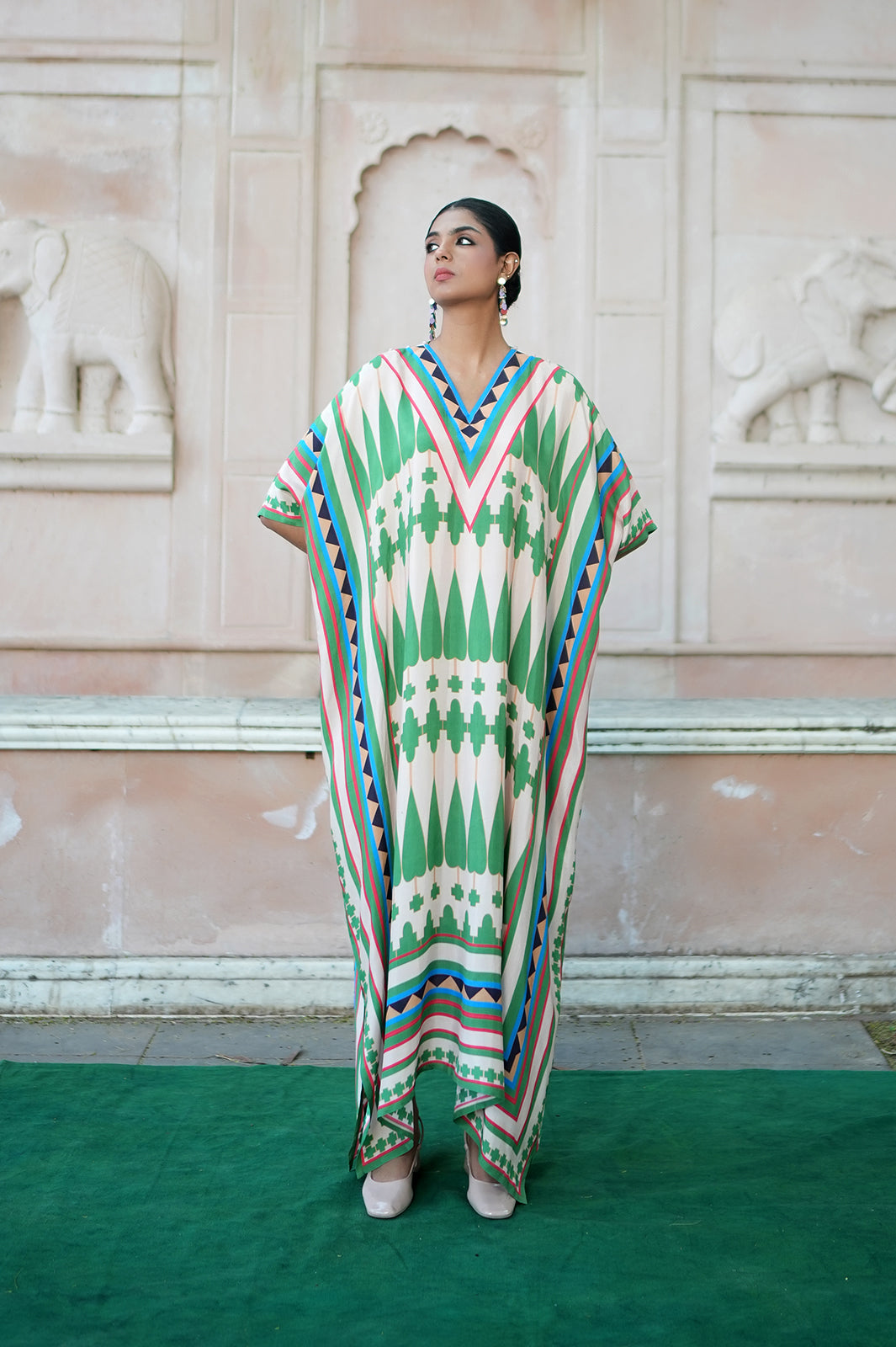 Ivory/ Green Kilim Mauj Kaftan