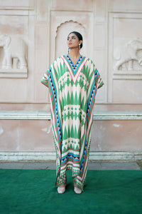 Ivory/ Green Kilim Mauj Kaftan