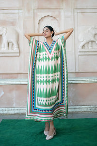 Ivory/ Green Kilim Mauj Kaftan