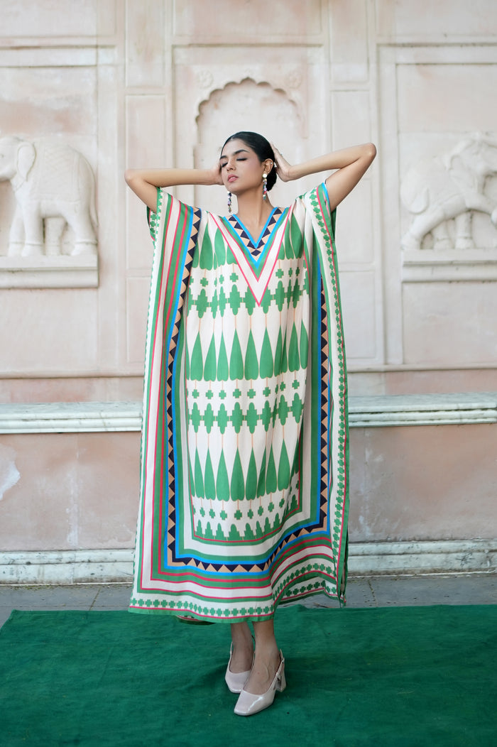 Ivory/ Green Kilim Mauj Kaftan