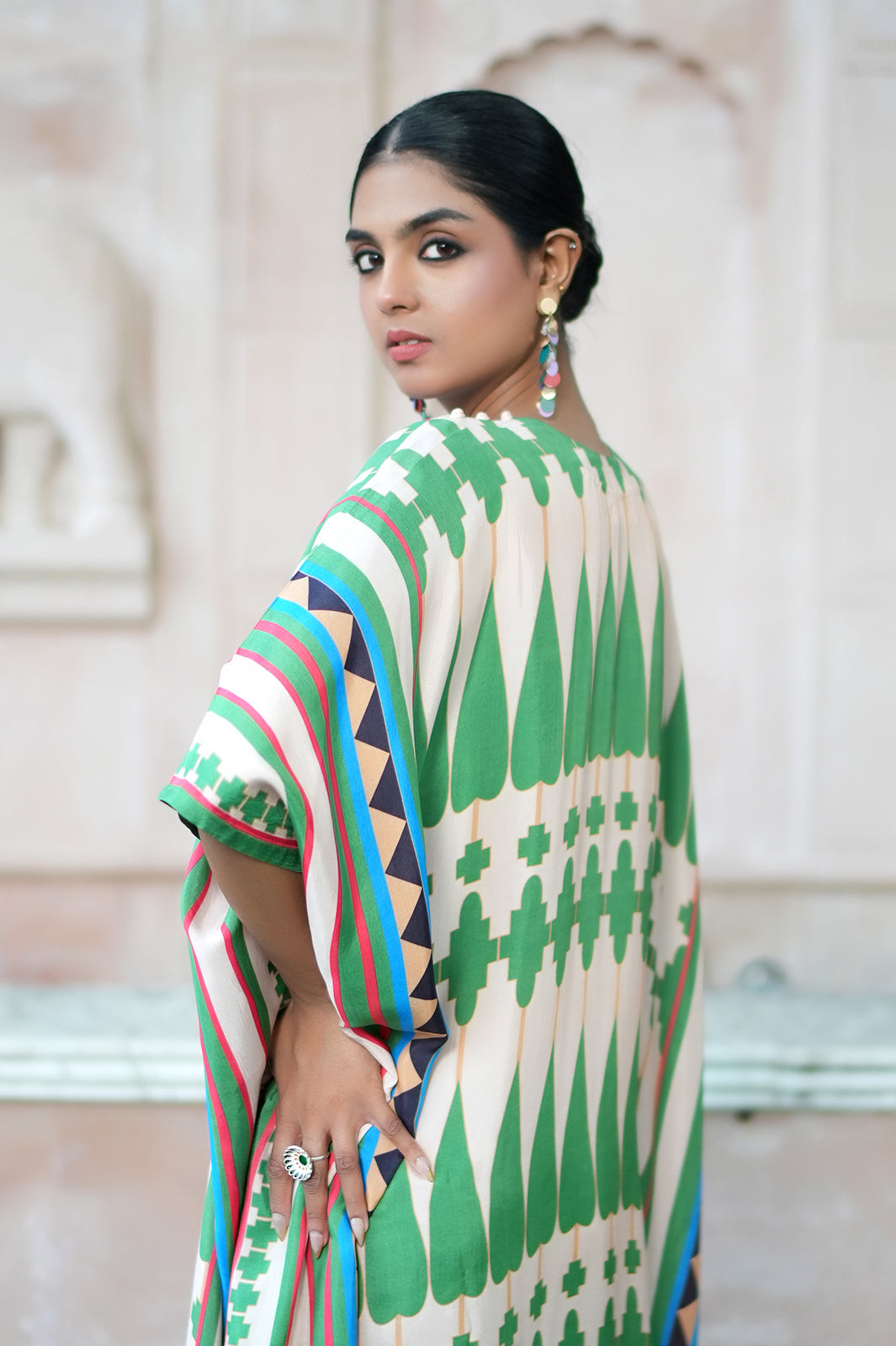 Ivory/ Green Kilim Mauj Kaftan