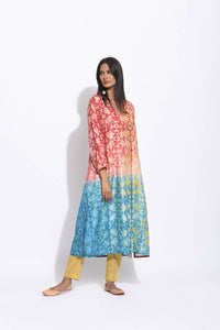 Maroon Teal Ombre Silk Shibori Kurta