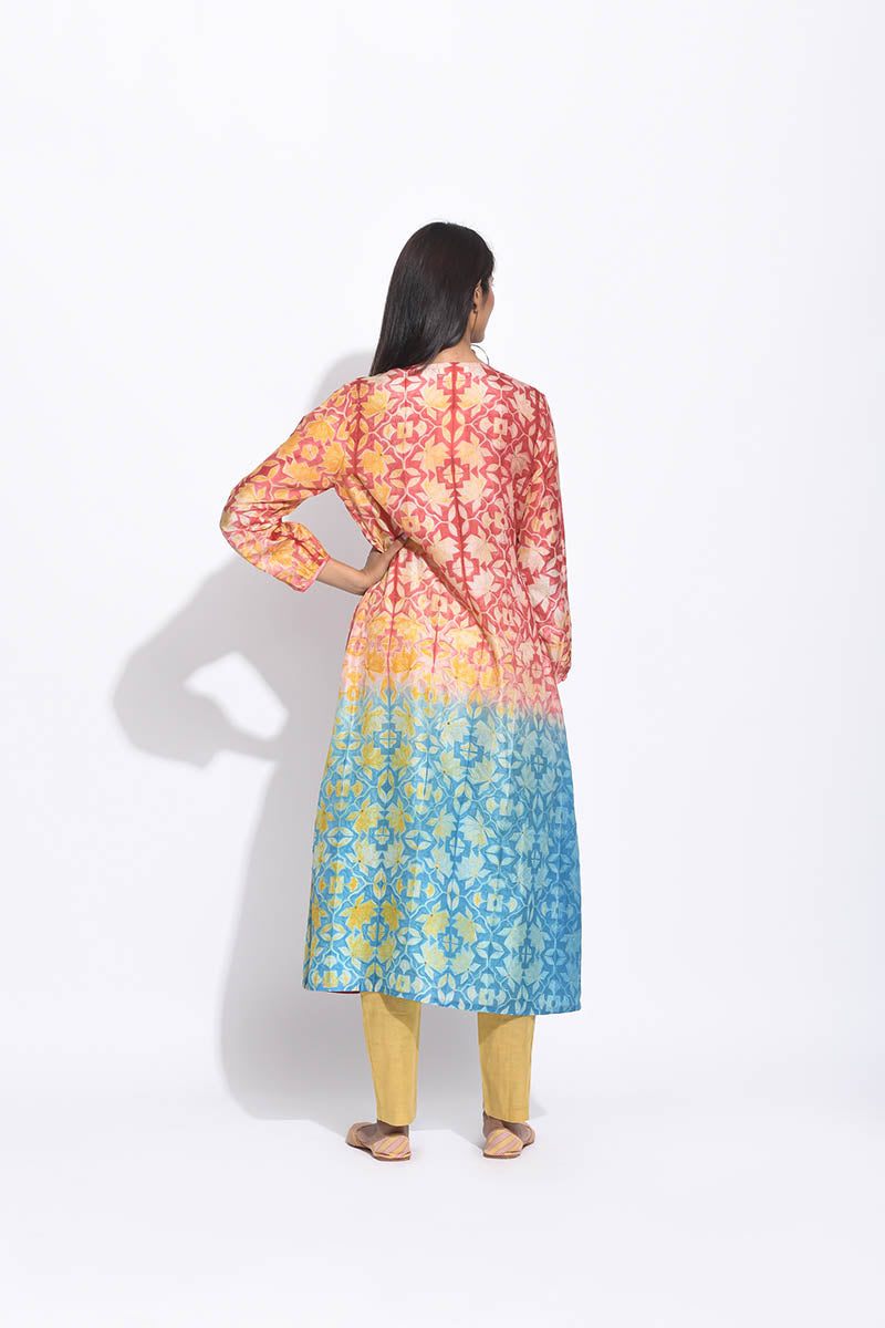 Maroon Teal Ombre Silk Shibori Kurta
