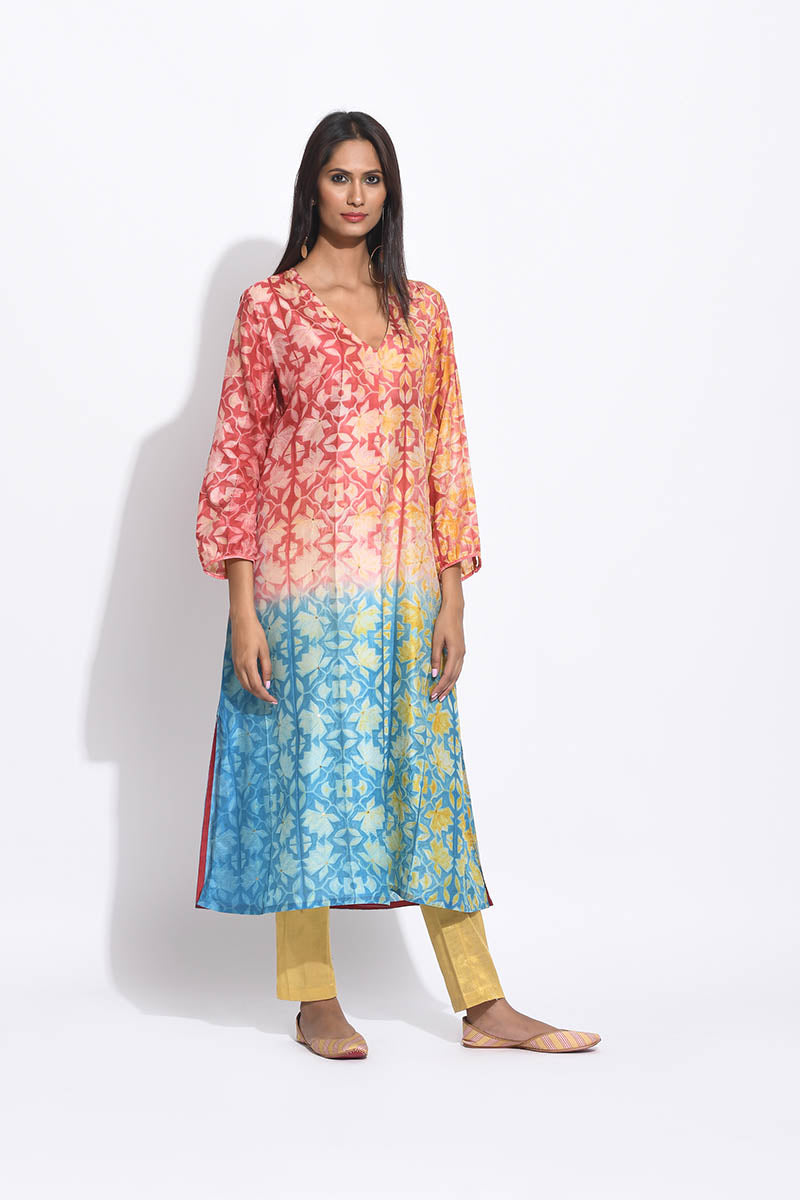 Maroon Teal Ombre Silk Shibori Kurta