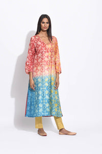 Maroon Teal Ombre Silk Shibori Kurta