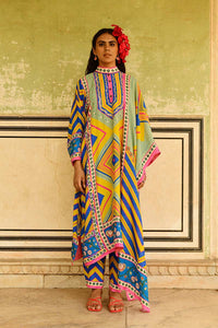 Blue Jhumki Kurta Pant Set With Stole