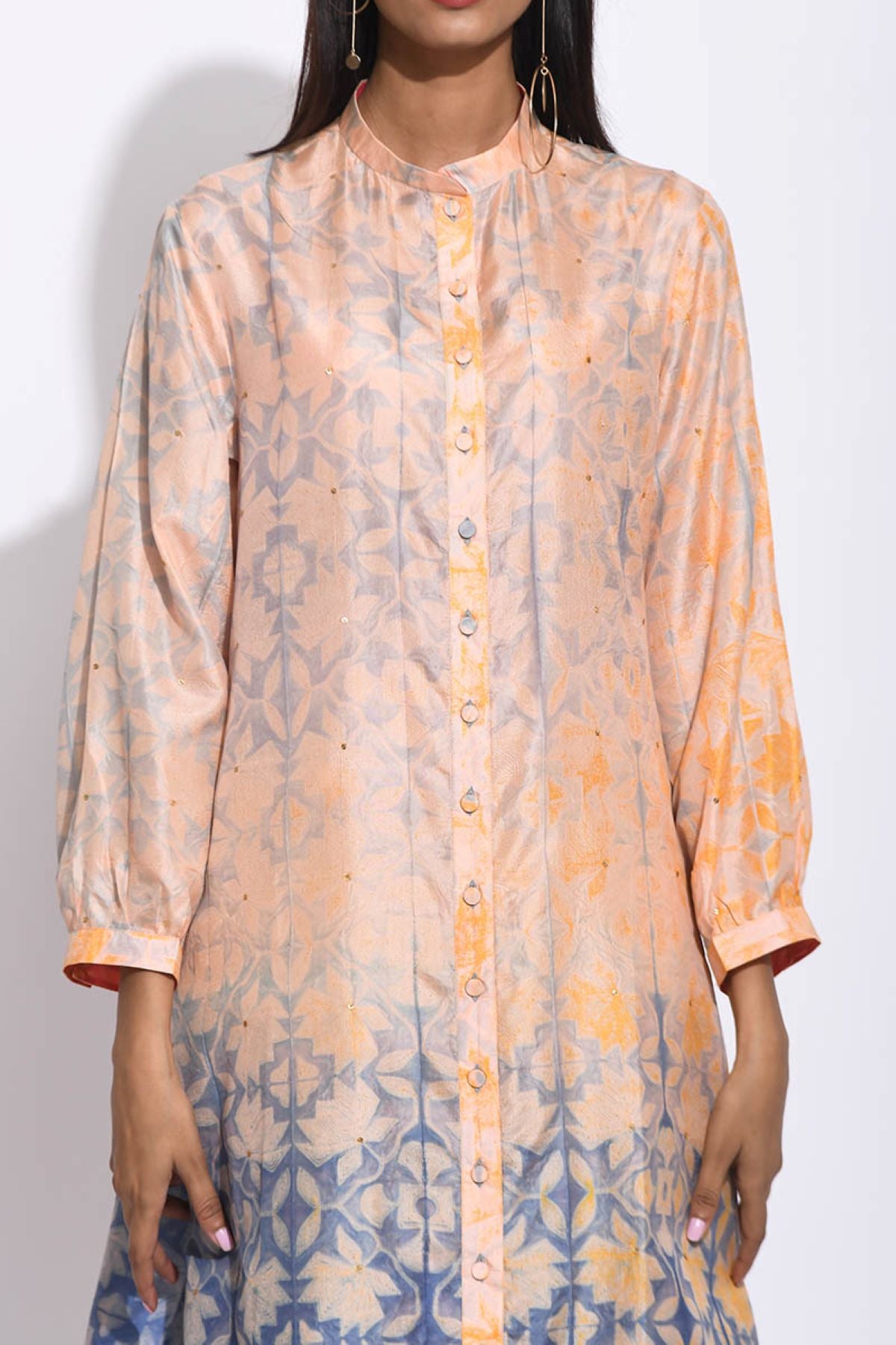 Peach Grey Geometric Flower Silk Shibori With Sequins Kurta