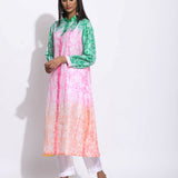 Pink Peach Green Ombre Silk Shibori Kurta