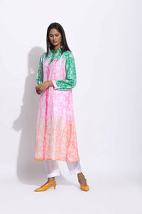 Pink Peach Green Ombre Silk Shibori Kurta