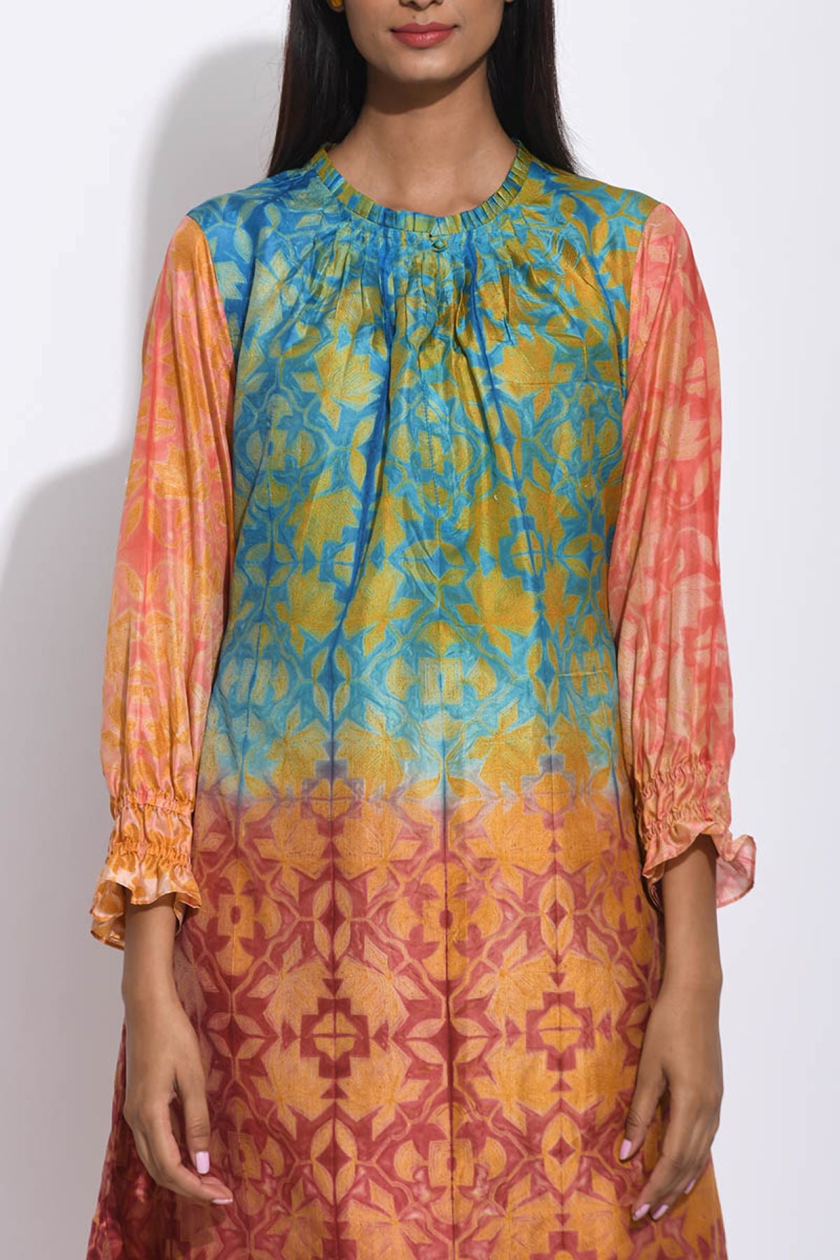 Teal Brown Ombre Silk Shibori Tunic