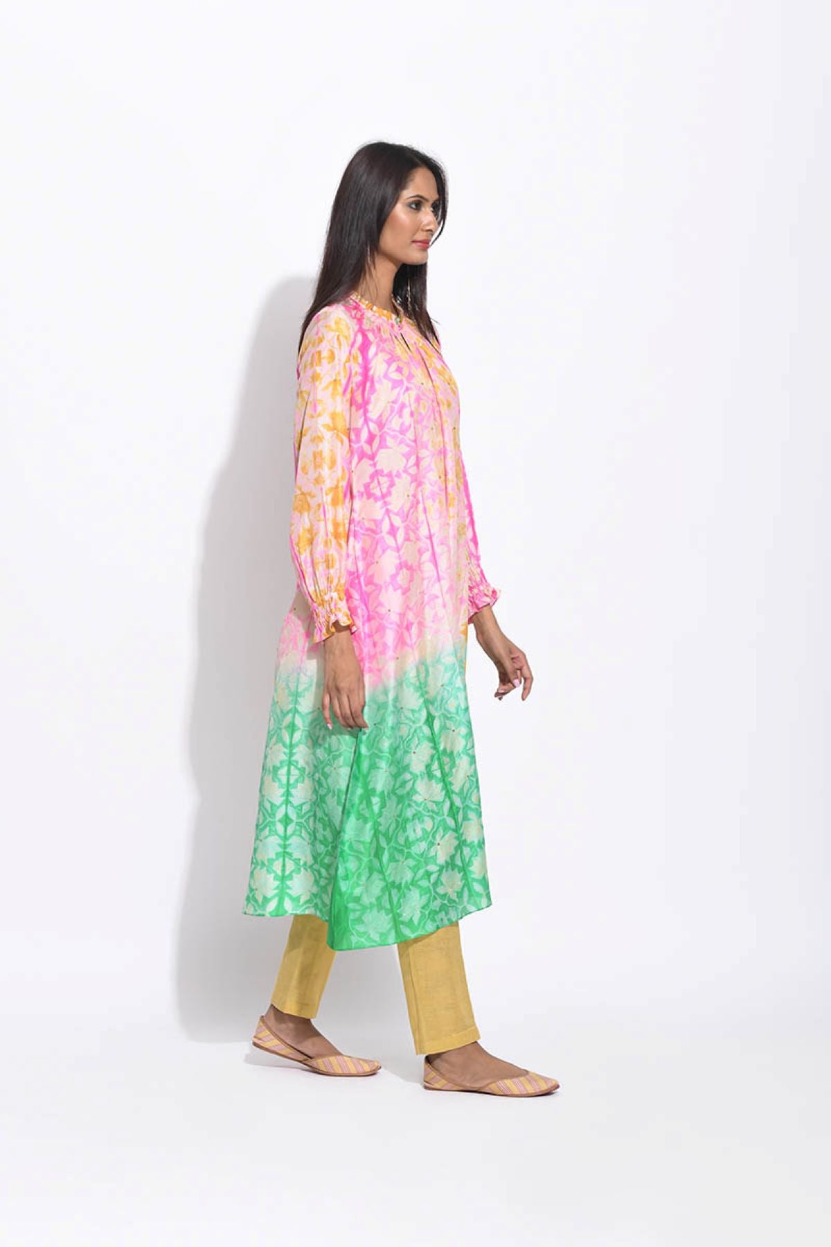 Pink Green Silk Shibori Kurta