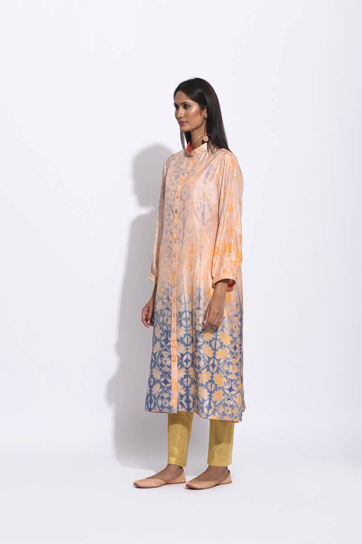 Peach Grey Geometric Flower Silk Shibori With Sequins Kurta