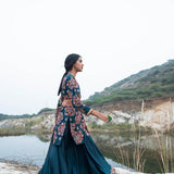 Kamal Teal Short Embroidered Kurta With Sharara And Dupatta