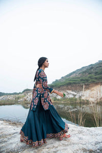 Kamal Teal Short Embroidered Kurta With Sharara And Dupatta