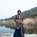Kamal Teal Short Embroidered Kurta With Sharara And Dupatta