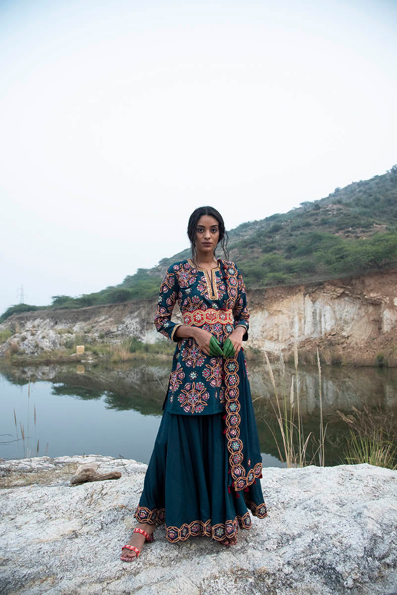 Kamal Teal Short Embroidered Kurta With Sharara And Dupatta