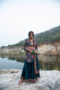 Kamal Teal Short Embroidered Kurta With Sharara And Dupatta