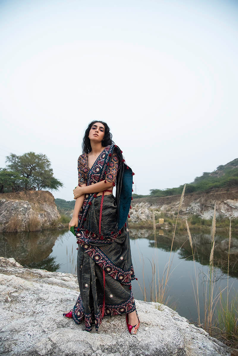 Morbagh Teal Sunheri Embroidered Saree With Embroidered Blouse