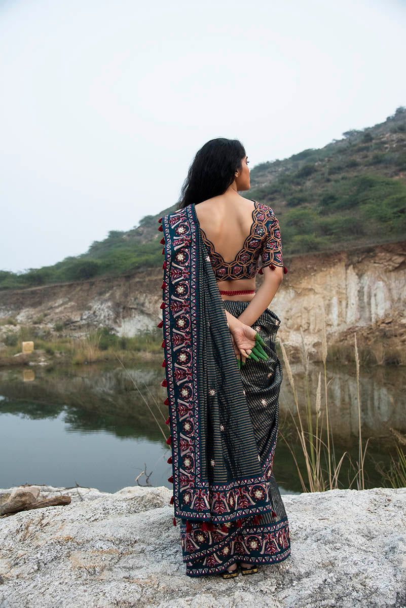 Morbagh Teal Sunheri Embroidered Saree With Embroidered Blouse