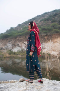 Morbagh Teal Embroidered Yoke Kurta, Pants And Kurta